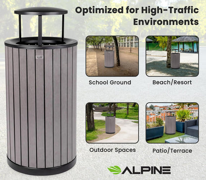 Alpine 32 Gallon Commercial Outdoor Trash Can - Heavy Duty Garbage Can Outdoor, Industrial Trash Can with Plastic Panels for Patio, Parks, Trails & Resorts (Rain Bonnet Lid - Grey)