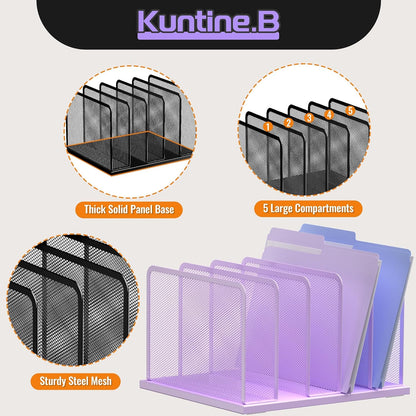 Kuntine.B Desk File Organizer Upright Mesh Desktop Organizer File Sorter Office Organization File Holder for Home, Office & Classroom (Purple, 1 Pack 5-Section)