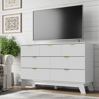 Fluted 7 Drawer Dresser, 47.2" Wide Modern Boho Chest of Drawers, Wooden Storage Dresser TV Stand for Bedroom, Living Room, Closet, Hallway, Curved Profile Design