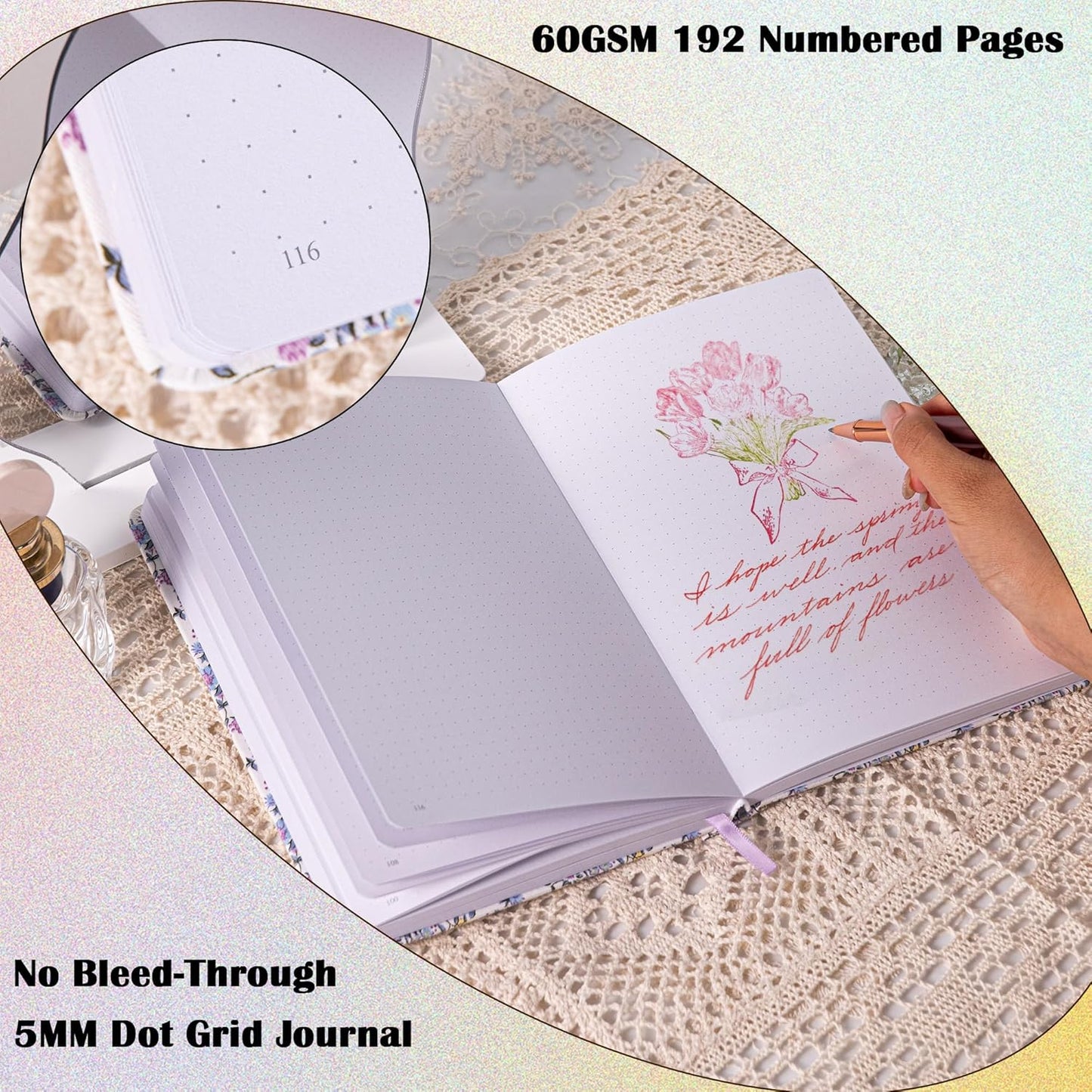 TIEFOSSI Dotted Journal Notebook for Women, A5 Dotted Grid Notebook for Writing, 190 Pages Thick Paper, Travel Daily Journal, for Work Home School, Note Taking, Business, 8.4 X 5.8 In