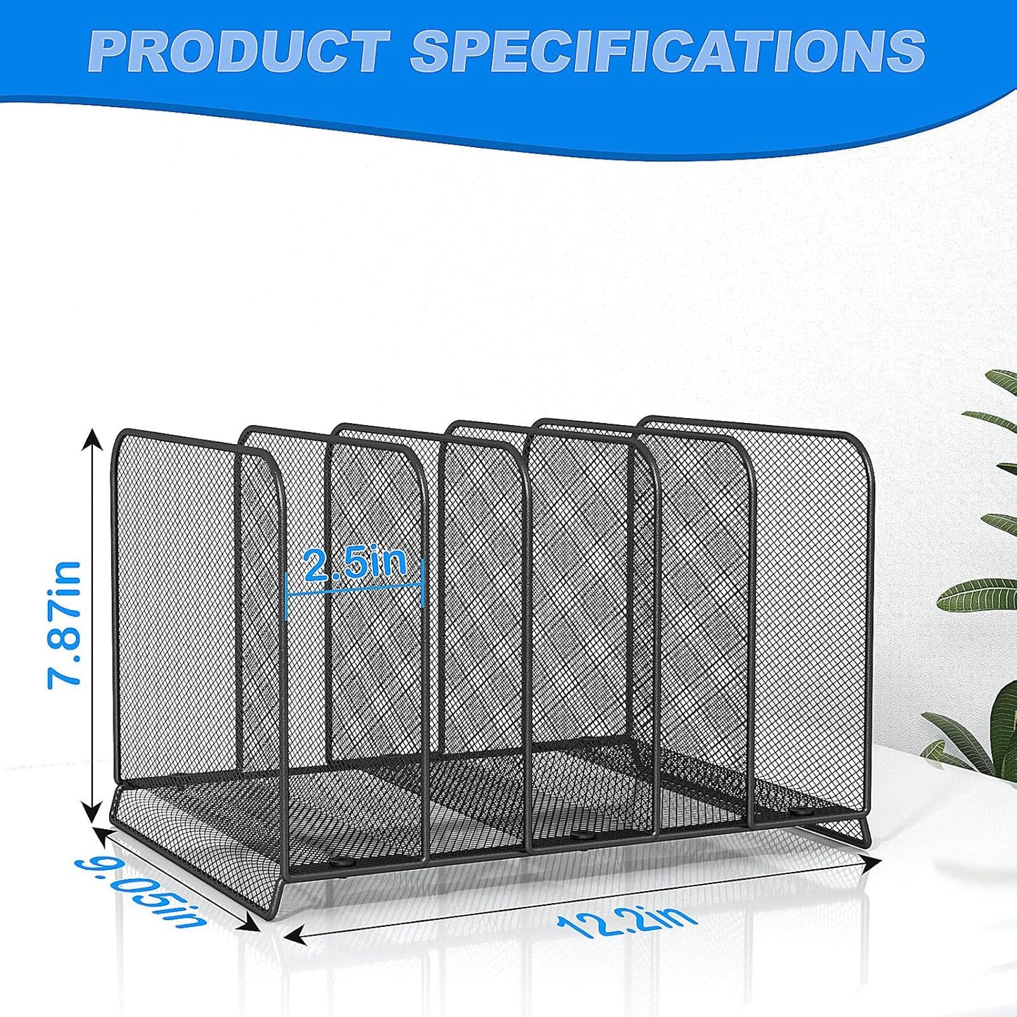 5 Sections Desk File Holder/Rack/Sorter,Mesh File Organizer,File Folder Organizer,Metal Upright Desktop Organization for Documents,Magazine,Kitchenware,Antiskid,Antirust,Sturdy,1 Pack