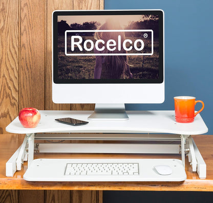 Rocelco 32" Height Adjustable Standing Desk Converter - Quick Sit Stand Up Dual Monitor Riser - Gas Spring Assist Tabletop Computer Workstation - Large Retractable Keyboard Tray - White (R ADRW)