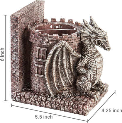 MyGift Dragon Guard Castle Resin Decorative Bookends for Heavy Books with Pencil Holders, Fantasy Themed Book Holder for Home and Office