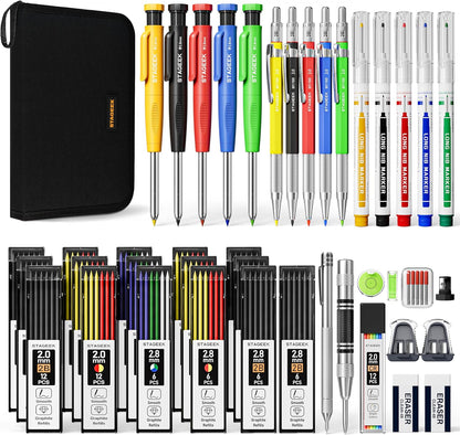 49 Pack Carpenter Pencil Set with Sharpener, Carpenter Pencils with Deep Hole Long-Nib Marker Pens, Carbide Scribe Tool & Construction Pencil for Architect Woodworking with Case