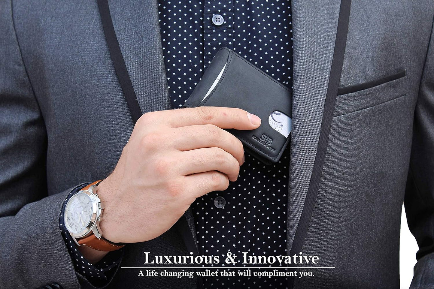 SERMAN BRANDS RFID Blocking Slim Bifold Genuine Leather Minimalist Front Pocket Wallets for Men with Money Clip Thin Mens