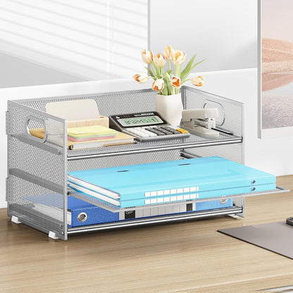 Subekyu 3 Tier Paper Desk Organizer with Handle and 1 PC Slideable Letter Tray, A4 Paper File Folder Sorter Metal Mesh Organizer for Home Office School Desk Supplies Organization Storage, Silver