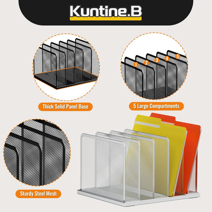 Kuntine.B Desk File Organizer Upright Mesh Desktop Organizer File Sorter Office Organization File Holder for Home, Office & Classroom (Silver, 1 Pack 5-Section)