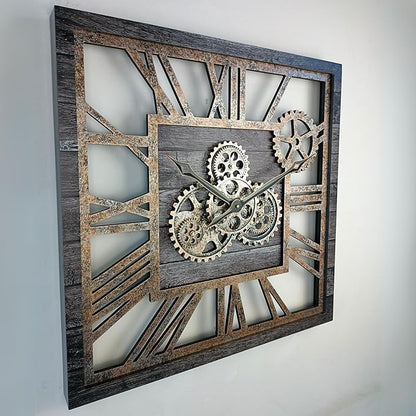 ImprovingLife The Gears Clock 24'' Inch Square Real Moving Gear Wall Clock Vintage Industrial Oversized Rustic Farmhouse (Carbon Grey)
