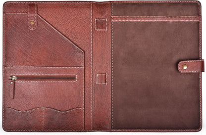 Genuine Leather Portfolio – Red Brown Professional Organizer & Resume Folder, Antique Leather Business Document Padfolio with Writing Pad, Ideal Gift for Men & Women