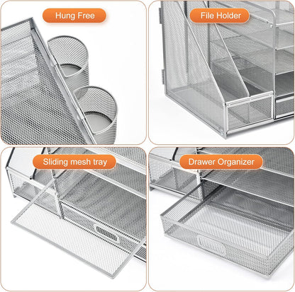Marbrasse Desk Organizer with File Holder, 5-Tier Paper Letter Tray Organizer with Drawer and 2 Pen Holder, Mesh Desktop Organizer and Storage with Magazine Holder for Office Supplies (Silver)