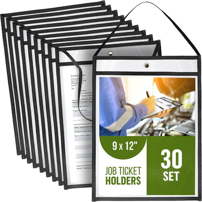 30 Pack Job Ticket Holders 9x12 with Strap - Hanging Shop Ticket Holders - Work Order Plastic Sleeves for Documents - Dry Erase Pocket Sleeves - Dry Erase Pockets - Clear Pocket Sleeve 9 x 12