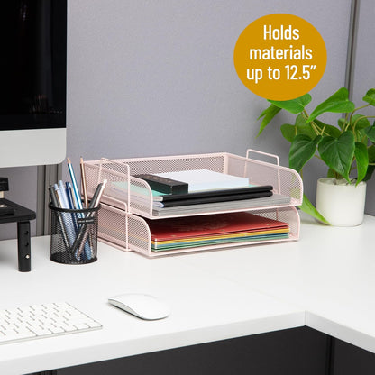 Mind Reader Stackable Paper Tray, Desktop Organizer, File Storage, Office, Metal Mesh, 13.25" L x 9.75" W x 6.25" H, 2 Pcs., Pink
