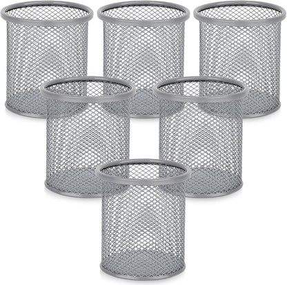 Segarty Pen Holder for Desk, 6 Pack Round Silver Pen Holder, Wire Mesh Pencil Cup Containers Set, Desktop Organizer for Office Supplies, School Classroom, Home, Makeup Brush