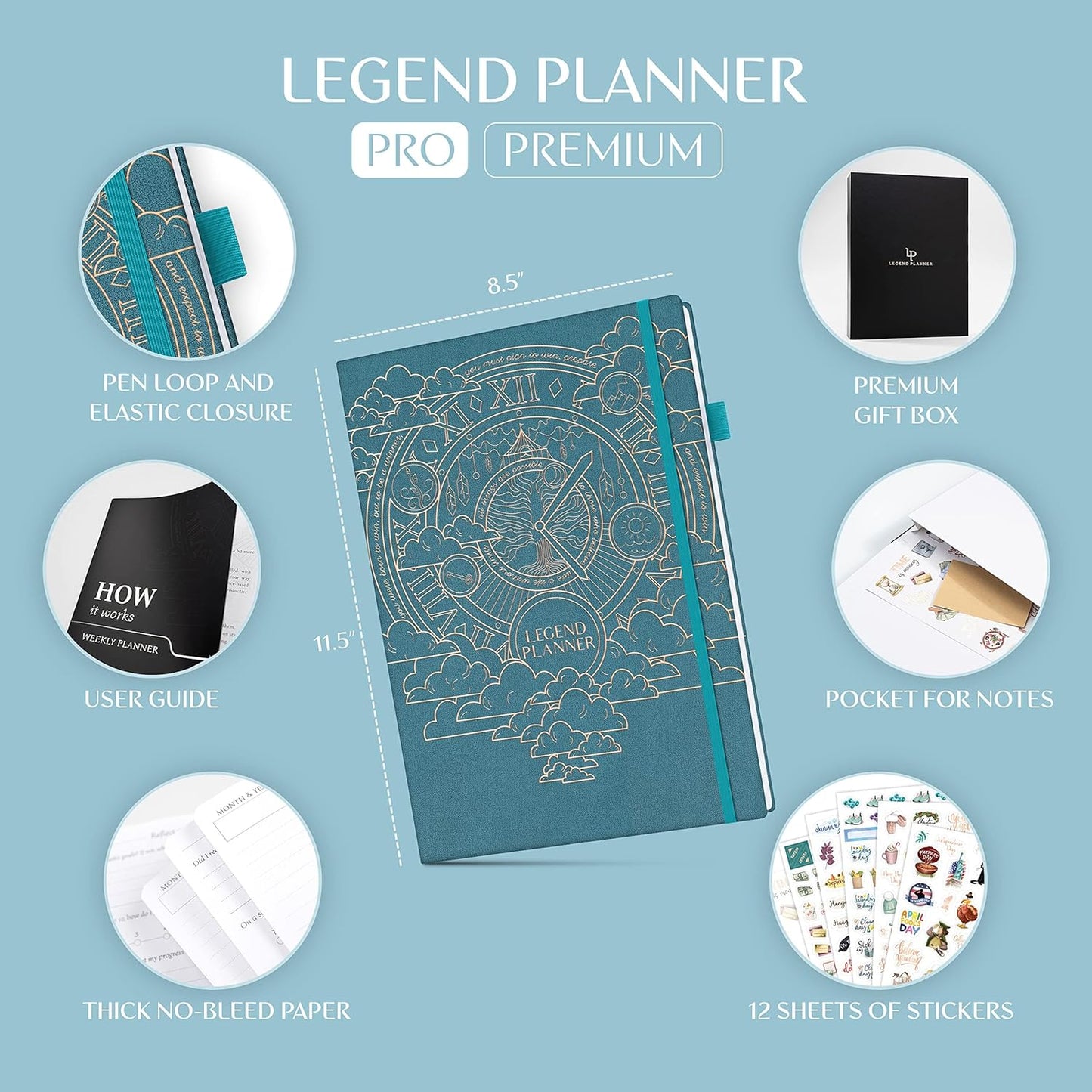 Legend Planner PRO Premium – Large Undated Weekly, Monthly & Budget Planner with Habit Tracker – Life Organizer for Time & Task Management, Goal Setting & Productivity – A4 size (Dark Teal)