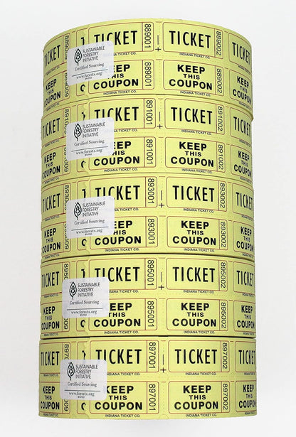 INDIANA TICKET CO. 10,000 Yellow CONSECUTIVELY Numbered Raffle Ticket Roll. 5 Rolls of 2,000, for Classroom Rewards, Events, Fundraisers, Door Entry, Raffles, Prizes, Drink/Food Tickets, & More