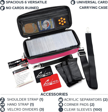 Quiver Time Pink Bolt Card Carrying Case fits Pokemon Cards and other TCG Games - Storage Bag for Playing/Trading Cards and Deck Box (Straps, Dividers & 100 Apollo Card Sleeves)