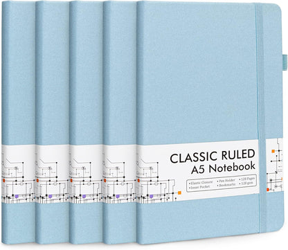 feela 5 Pack Notebooks Journals Bulk, Hardcover Notebook Classic Ruled Lined Journals with Pen Holder for Women Girls School Business Supplies, with 5 Black Pens, 120 GSM, 5.1”x8.3”, A5, Light Blue
