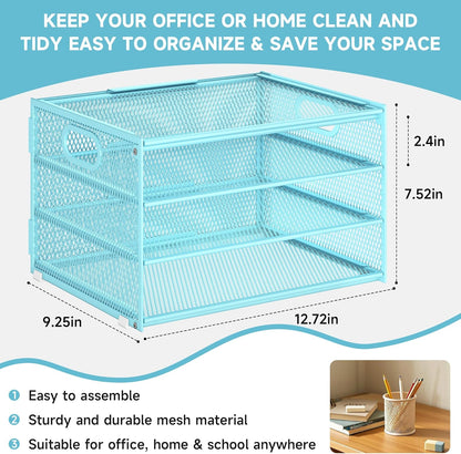Subekyu Paper Letter Tray Organizer for Desk, Blue Metal Mesh Desk File Sorter Organizer with Handle and 2 Sliding Trays for Home Office School Supplies Organization