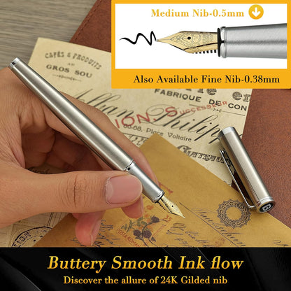BEILUNER Luxury Fountain Pen Set, Solid 24K Gilded Medium Nib, Silver Stainless Steel Body- Includes 6 Ink Cartridges & Ink Refill Converter with Gift Case - Nice pen for Men and Women