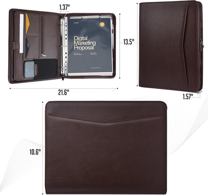 STYLIO Zipper Portfolio | Padfolio 3 Ring Binder and Clipboard Folio (Removable) | Portfolio Organizer for Documents, Tablet, Phone |Faux Leather Binder for Men and Women | Walnut (Brown) Color
