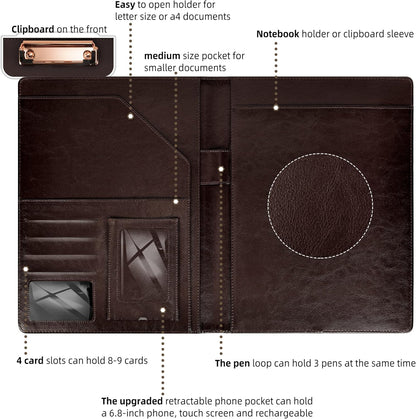 Leather Portfolios for Men Clip Boards 8.5x11 with Storage Dark Brown Leather Binder Folders