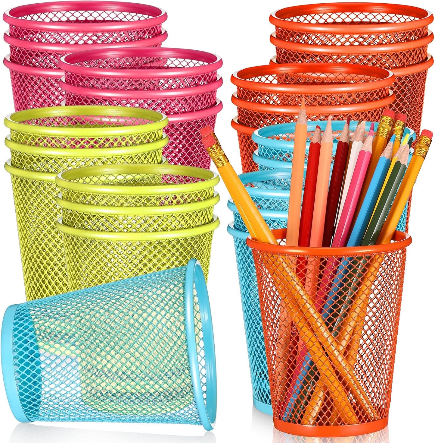 Colarr 24 Pcs Mesh Pencil Holder, Colored Metal Pen Holder Metal Pen Cup Desk Organizer Cups Makeup Brush Holders for Desk Home School Office, 4 Colors