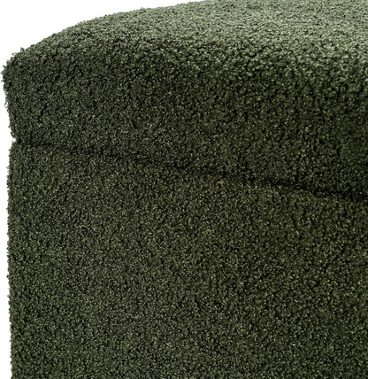 Adeco 17 Inch Soft Dark Green Cube Ottoman Storage, Teddy Velvet Chair Foot Stools, Upholstered Vanity Stool with Hinged Lid, Solid Round Wood Legs