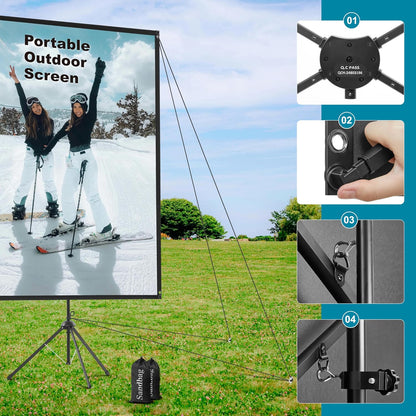 Outdoor Projector Screen with Stand 180 inch 16:9, Portable Projector Screen, 1.5 High Gain Fiberglass, Sturdy Backing, Wind-Resistant Movie Screen, Tripod/Wall Mounted, for Home Cinema/Backyard Party