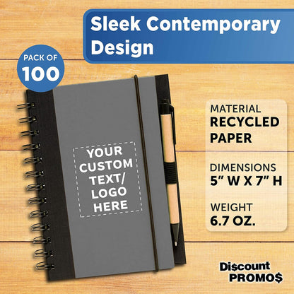 DISCOUNT PROMOS Custom Eco Block Notebooks with Pens Set of 100, Personalized Bulk Pack - Perfect for School, Office, Business, Home - Smoke