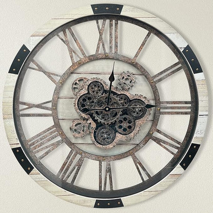 DORBOKER 24" Large Wall Clock with Moving Gears,Oversize Vintage Industrial Rustic Farmhouse Clocks for Living Room Decor Office Home,Solid Wood Retro Metal HD Tempered Glass Cover,Desert Beige