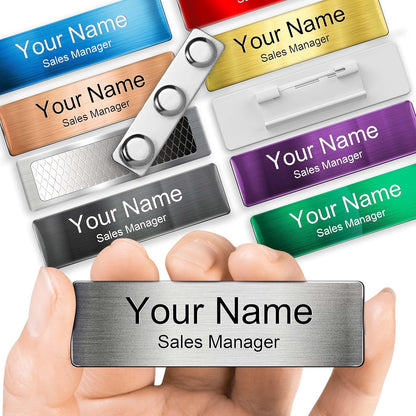 Magnetic Name Tags | Personalized Engraved Metal Identification Badges with Pin or Adhesive Backing | Custom ID Tags | 2.8"x0.8"