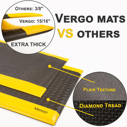 Vergo Industrial 15/16” Extra Thick Anti Fatigue Mat - Heavy Duty Commercial Grade Diamond Plate Ergonomic Standing, Non-Slip Black with Yellow Anti Fatigue Floor Mat for Work, Shop (1-Pack 3' x 5')