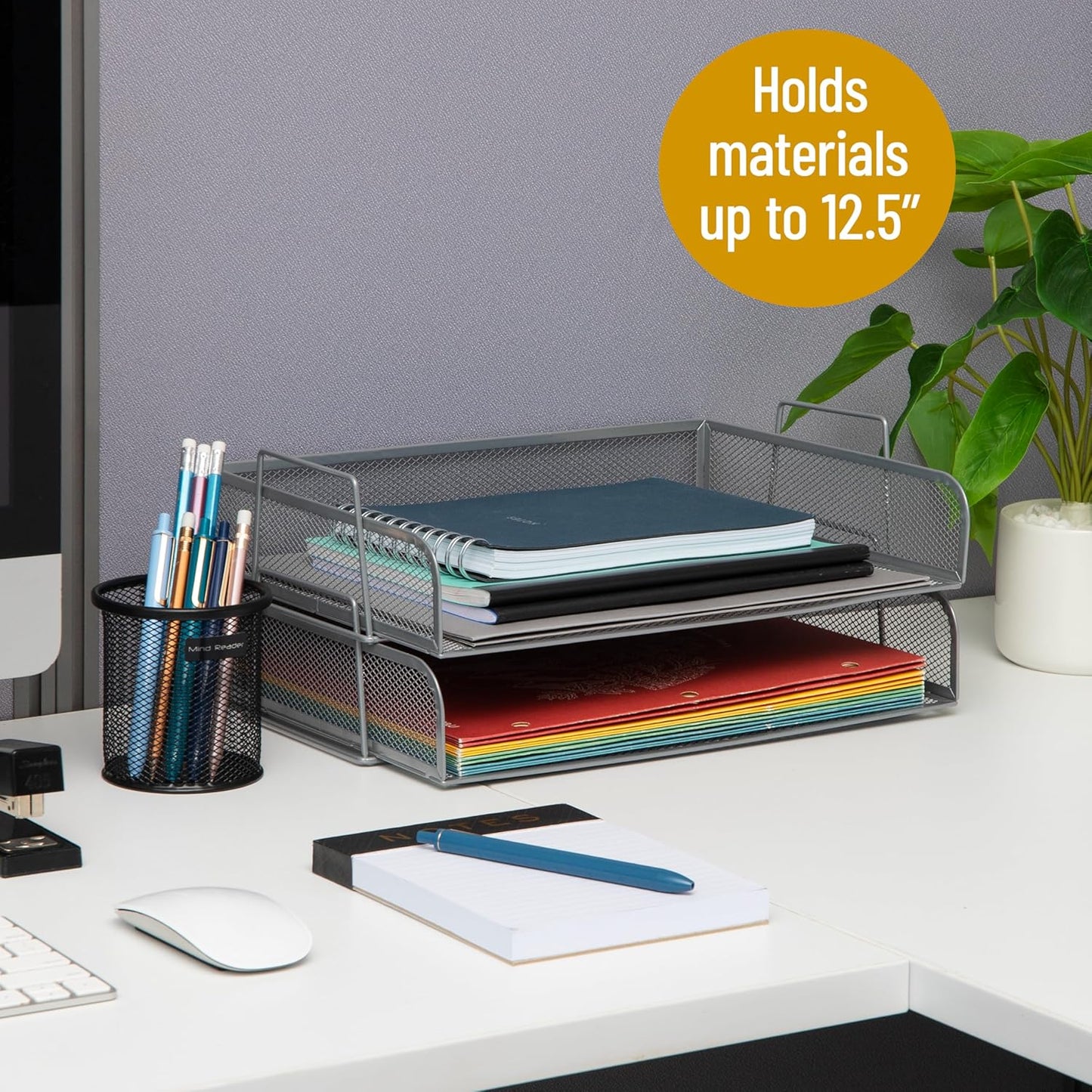 Mind Reader Stackable Paper Tray, Desktop Organizer, File Storage, Office, Metal Mesh, 13.25" L x 9.75" W x 6.25" H, 2 Pcs., Silver