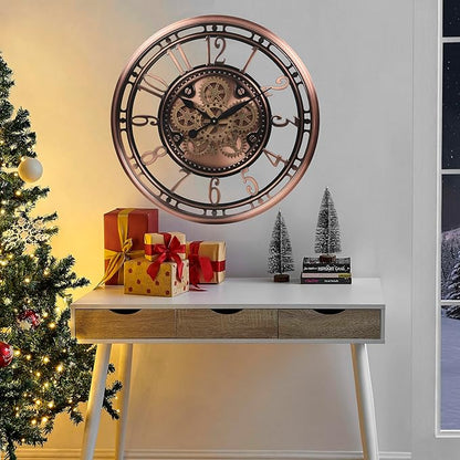 CLXEAST 28 Inch Oversized Large Moving Gear Wall Clock for Living Room Decor,Modern Farmhouse Decorative Wall Clocks Battery Operated,Rose Gold,House Warming Gifts New Home