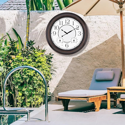 Outdoor Clocks Waterproof 18 Inch, Large Wall Clock with Thermometer & Hygrometer, Illuminated Battery Operated Clock with Smart Sensor for Patio, Pool, Garden, Porch, Living Room