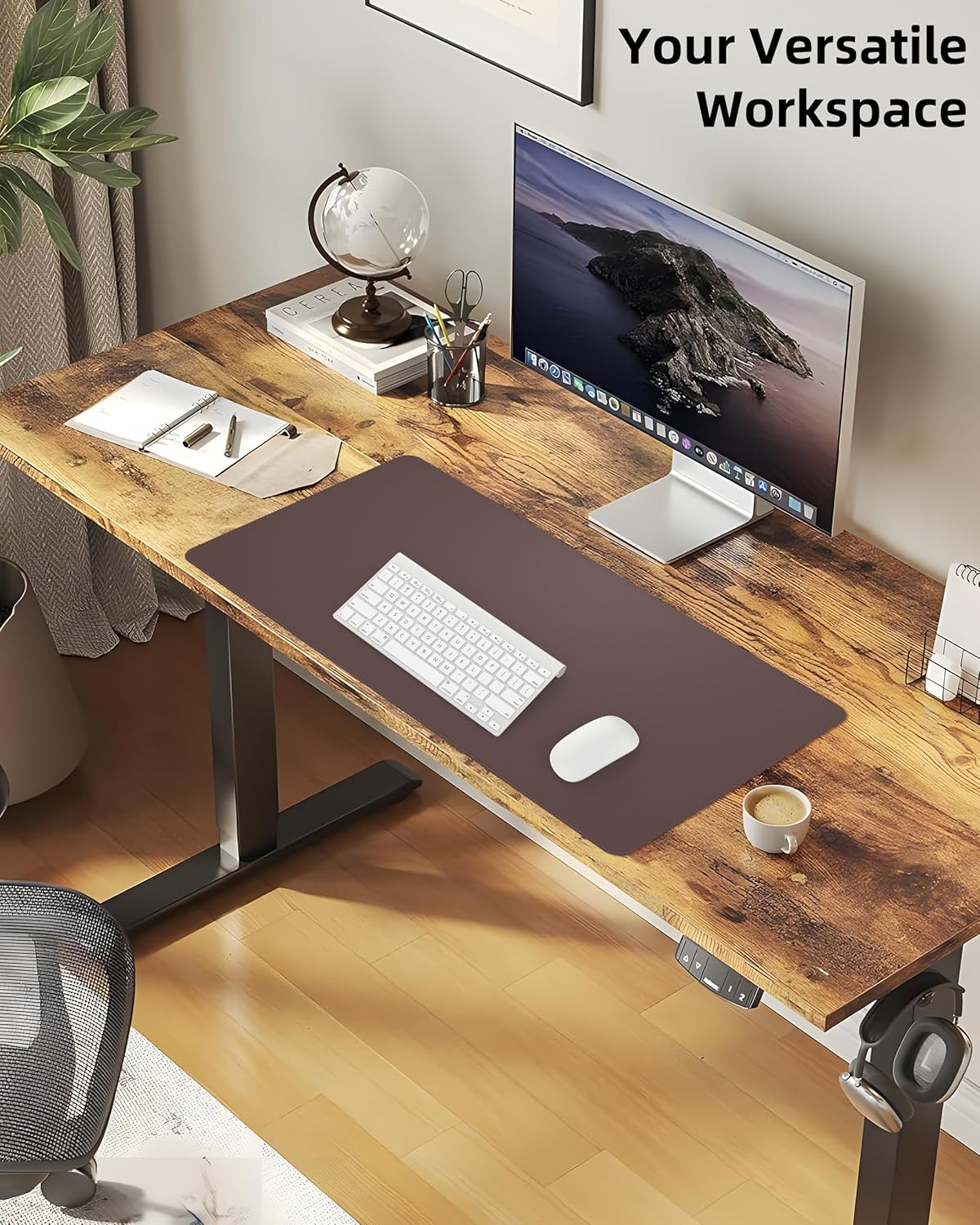 Desk Pad Mat 23.6"x13.7" - Waterproof Mouse Pad & Desk Protector, Non-Slip PU Leather for Gaming Keyboard/Mouse, Stitched Edge XL Office Desk Pad with Ergonomic Support(Coffee)