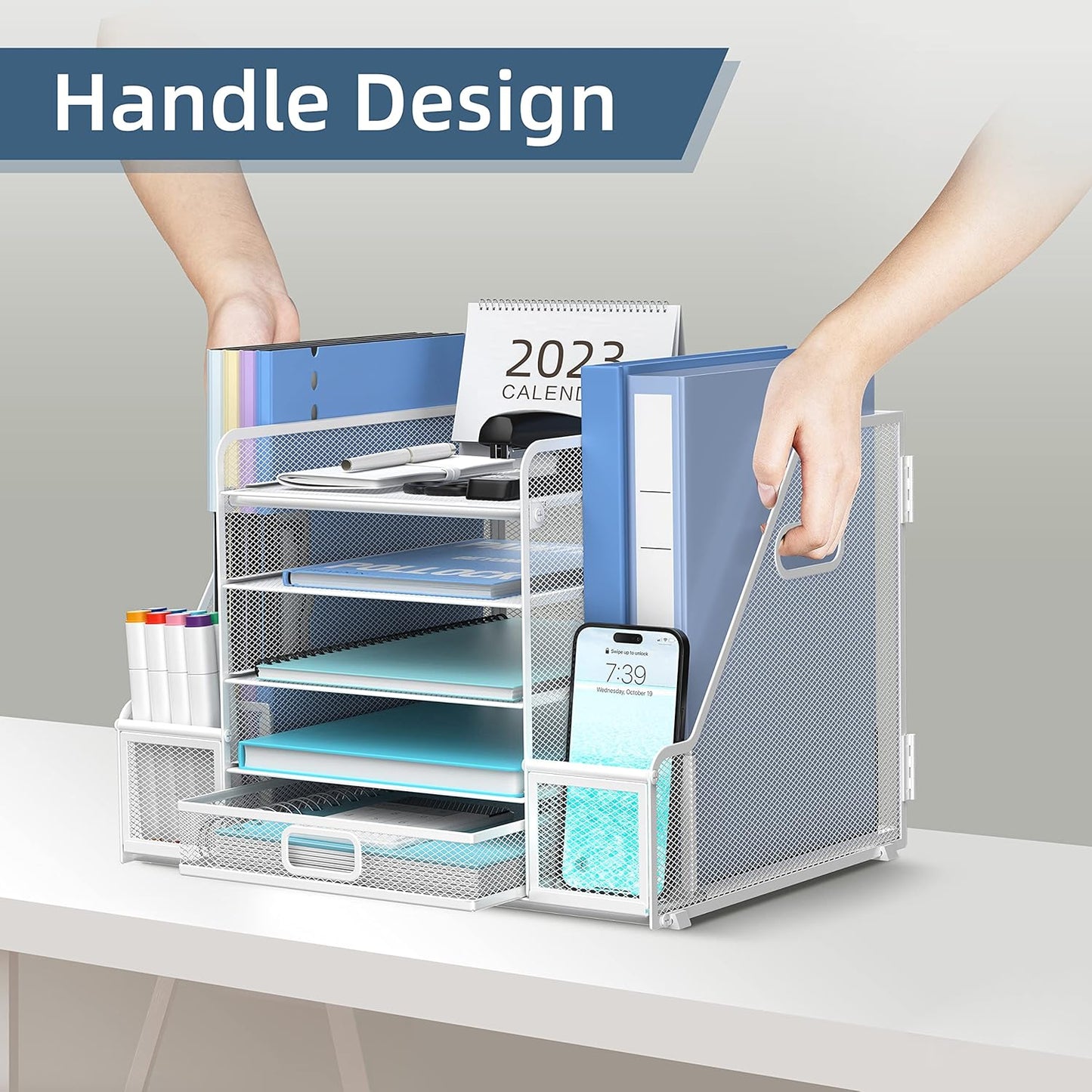 SUPEASY Mesh Desk Organizer with File Holder, 5-Tier Paper Letter Tray Organizer with Magazine Holder, Desktop Organizer and Storage with Drawer for Office Supplies Home or School, White