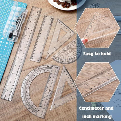 Zonon 1 Set Plastic Geometry Math Set Includes Drawing Compass, 6 and 4 Inch Protractor, 45/60 Degree Triangle Rulers 12 and 6 Inch Math Ruler Transparent for Office Supplies(Clear)