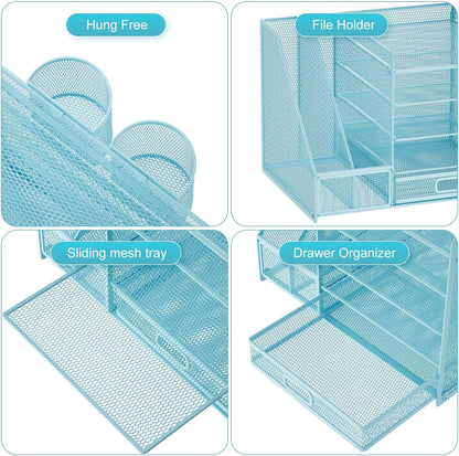 Marbrasse Desk Organizer with File Holder, 5-Tier Paper Letter Tray Organizer with Drawer and 2 Pen Holder, Mesh Desktop Organizer and Storage with Magazine Holder for Office Supplies(Blue)