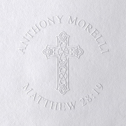 Personalized Bible Verse and Religious Cross Stamp or Book Embosser with Name in Classic Font. Wooden Stamp, Self Inking Stamp or Embosser (Cross Style #3)