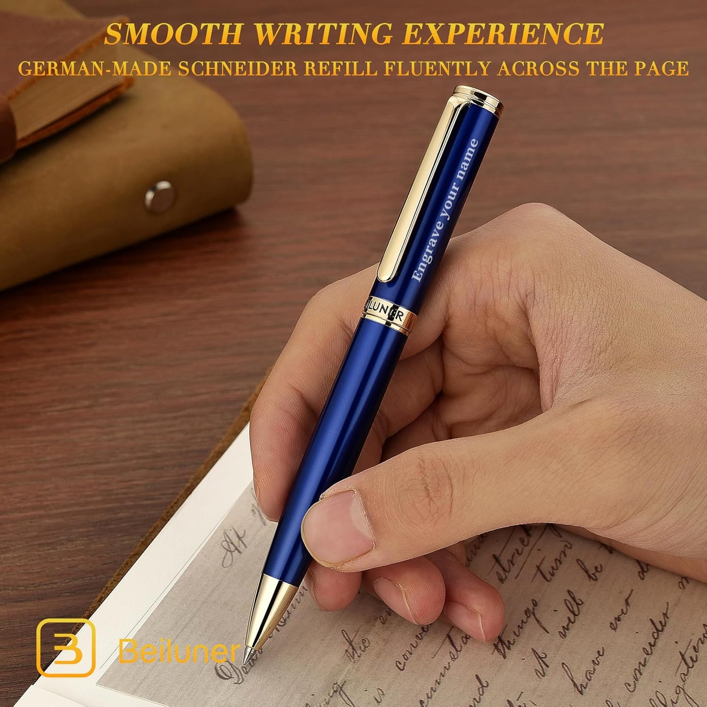 BEILUNER Personalized Blue Lacquer Gel Pen - Stunning Luxury Pen with 24K Gold Finish, ADMOK Black Refill, Executive Gift Set for Family & Friends, Writing, Fancy, Office, Retractable Pens