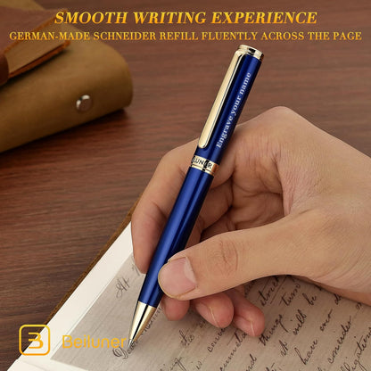 BEILUNER Personalized Blue Lacquer Gel Pen - Stunning Luxury Pen with 24K Gold Finish, ADMOK Black Refill, Executive Gift Set for Family & Friends, Writing, Fancy, Office, Retractable Pens