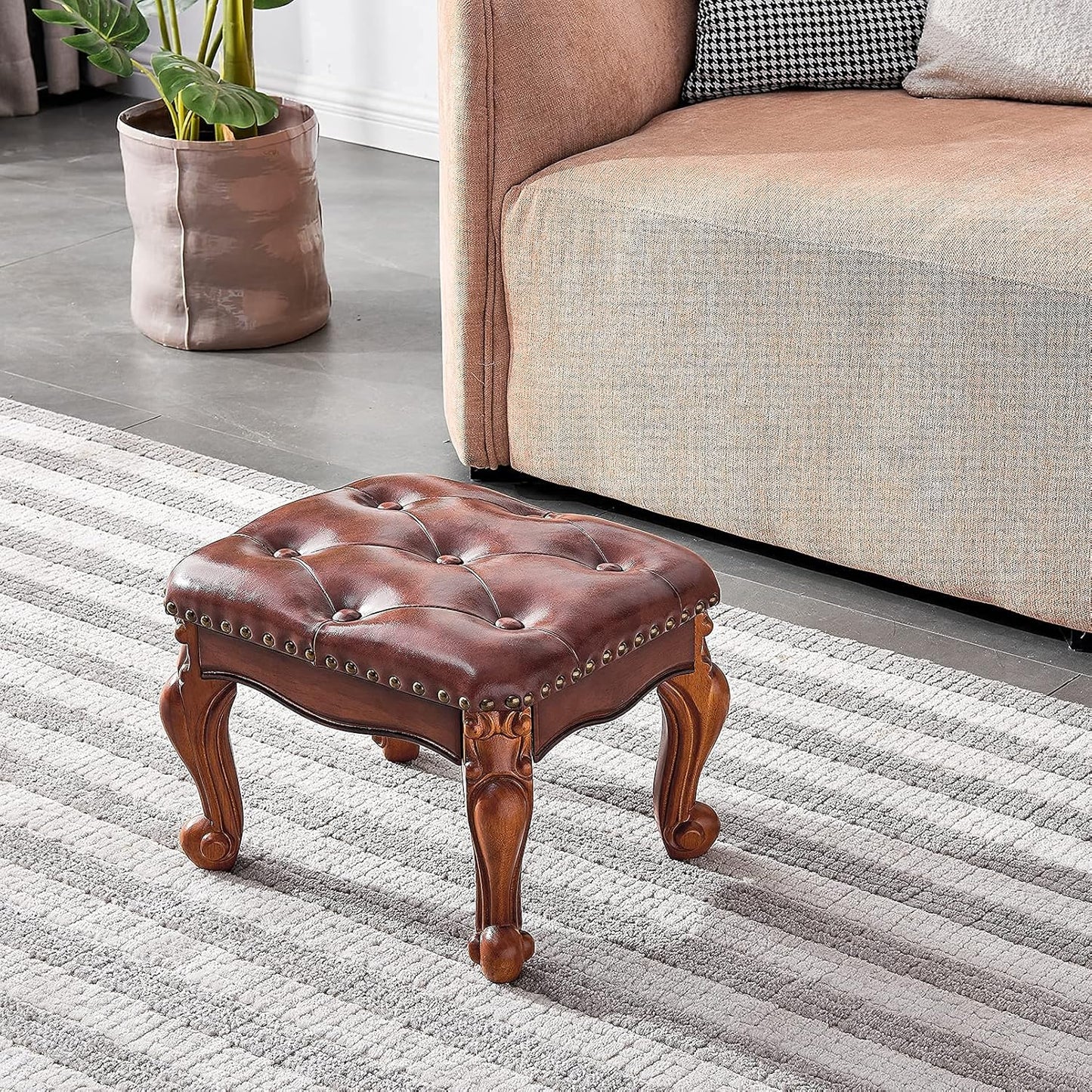 Foot Stool Ottoman Foot Rest Microfiber Leather Upholstered Footstool for Sofa, Living Room, Entryway, Solid Wood Stool (Light Brown)