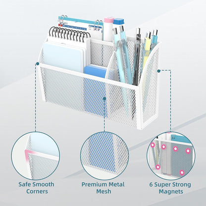 DALTACK Magnetic Pencil Holder Magnetic Shelf for the Whiteboard 3-Grid Mesh Magnetic Pen Holder for Refrigerator Magnetic Organizer Locker Accessories Organizer for Home, School and Office, White