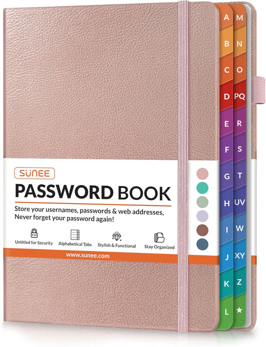 SUNEE Password Book with Colorful Alphabetical Tabs, Password Books for Seniors, Password Keeper Book for Computer and Internet Address Website Login, 5.3''x 7.7''- Rose Gold