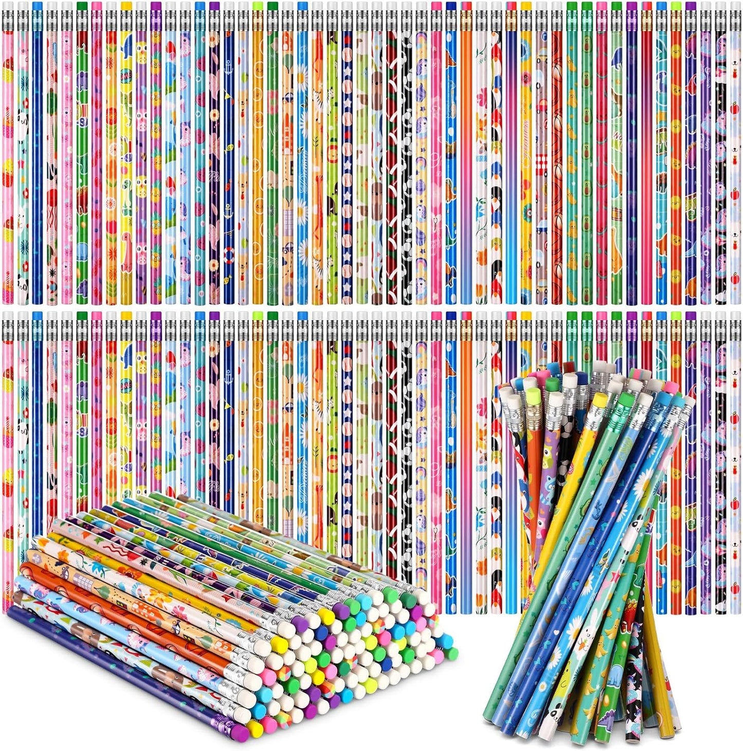 Sabary 100 Pcs Assorted Wood Pencil Bulk 50 Styles #2 HB Colorful Novelty Fun Dinosaur Animals Fruits Sports Pencils with Erasers Back to School Supplies for Kids Student Teacher Classroom Reward