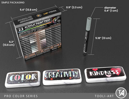 Acrylic Paint Pens 22 Gray Tones Assorted Pro Color Series Markers Set 0.7mm Extra Fine Tip for Rock Painting, Glass, Mugs, Wood, Metal, Canvas, Projects, Non Toxic, Waterbased, Quick Drying