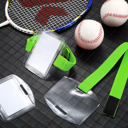 Meanplan 50 Pcs Arm Badge Holder Armband ID Badge Holder Bulk Visibility PVC with Adjustable Belt Elastic Armband Clear Name Tag for Work Pass, Postcards, Universal Size(Green)