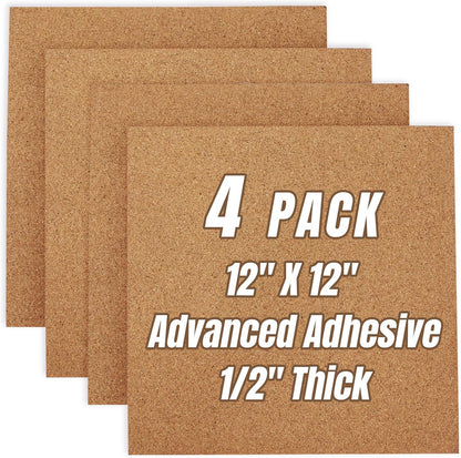 Cork Board Tiles 12"x12" - 1/2" Thick 4 Pack Cork Board Square Bulletin Boards Self Adhesive Corkboards for Walls Pin Boards Corkboards for Office Home School Decor