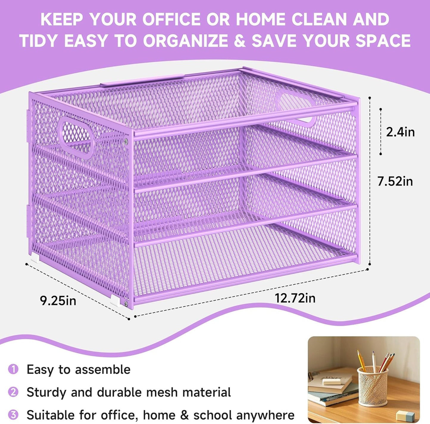 Subekyu Paper Letter Tray Organizer for Desk, Purple Metal Mesh Desk File Sorter Organizer with Handle and 2 Sliding Trays for Home Office School Supplies Organization